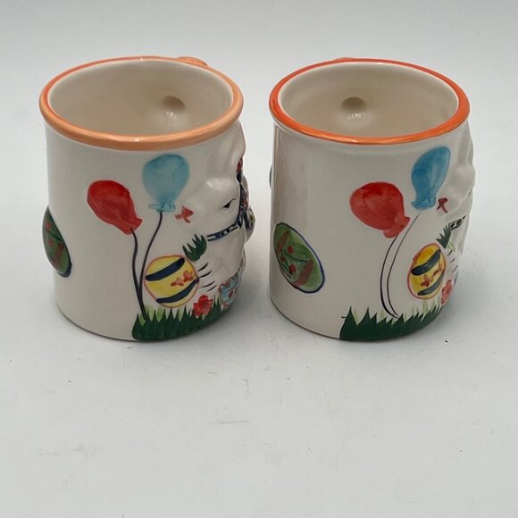 Set Of 2 Ceramic Easter Bunny Mugs Balloon EggOrange Rim & Handle Hand-Painted - Picture 2 of 10